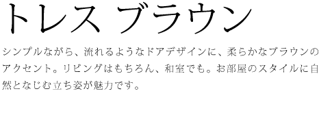 シンプルながら、流れるようなドアデザインに、柔らかなブラウンのアクセント。リビングはもちろん、和室でも。お部屋のスタイルに自然となじむ立ち姿が魅力です。